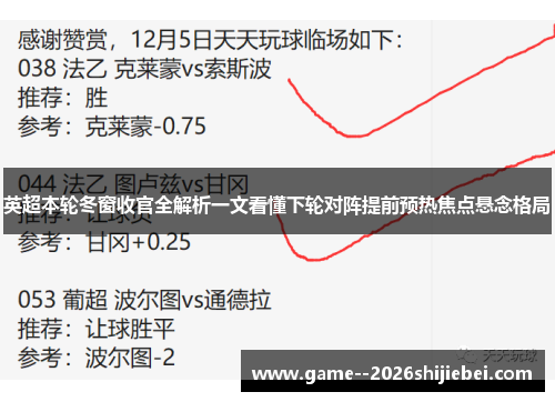 英超本轮冬窗收官全解析一文看懂下轮对阵提前预热焦点悬念格局 英超本轮冬窗收官全解析一文看懂下轮对阵提前预热焦点悬念格局